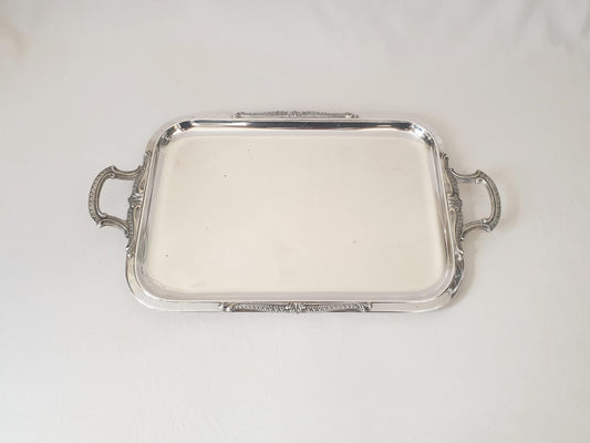 French Vintage Large Silver Plated Rectangular Serving Tray with Handles in Louis XVI Revival Style
