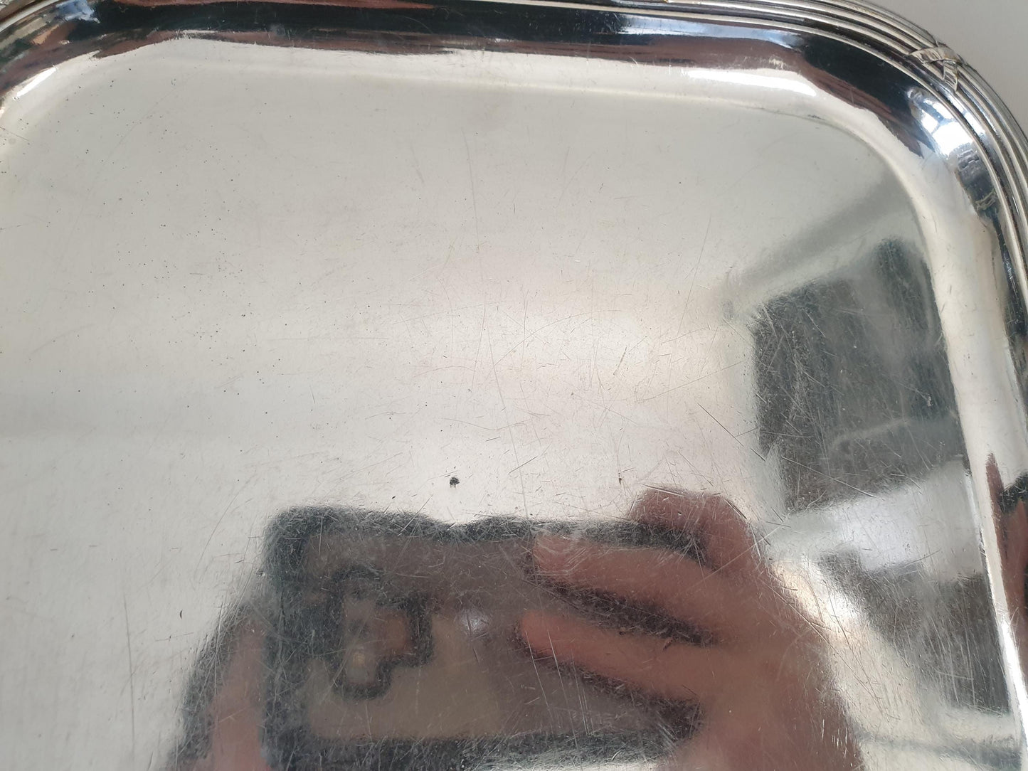 French Antique Small Silver Plated Rectangular Serving Tray or Decorative Tray with Ribbon and Reed Border by Boulenger