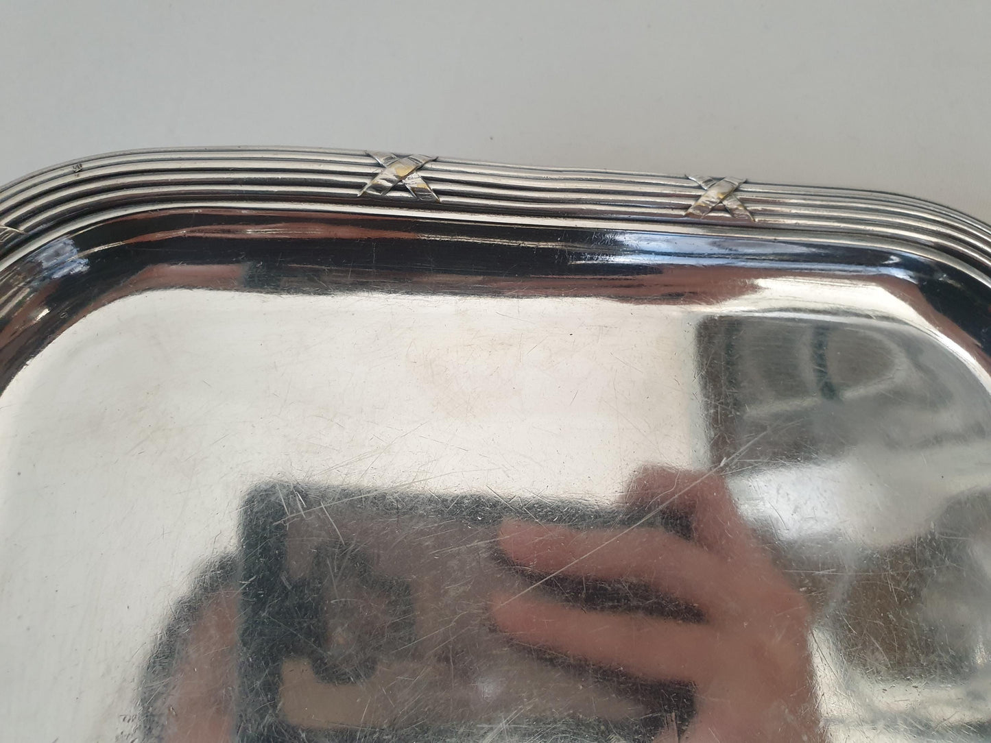 French Antique Small Silver Plated Rectangular Serving Tray or Decorative Tray with Ribbon and Reed Border by Boulenger