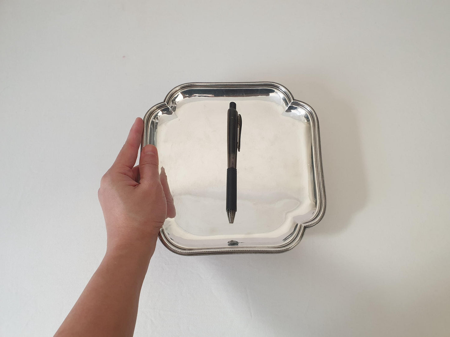 Vintage Small Silver Plated Square Trinket Tray with Beaded Edge – Pen or Jewelry Display Tray