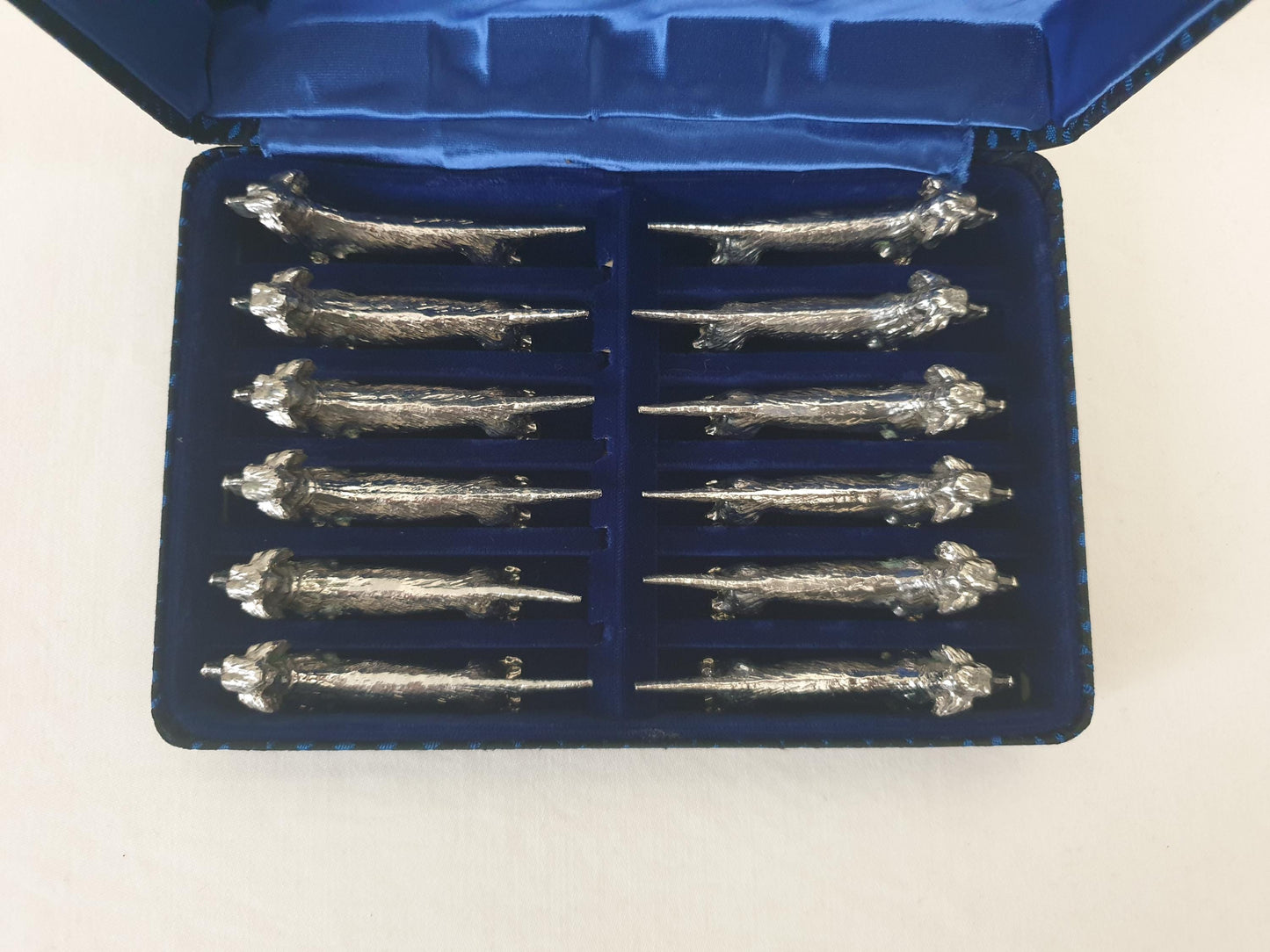 Set of 12 Vintage Silver Plated Dachshund (Teckel) Knife Rests in Blue Box