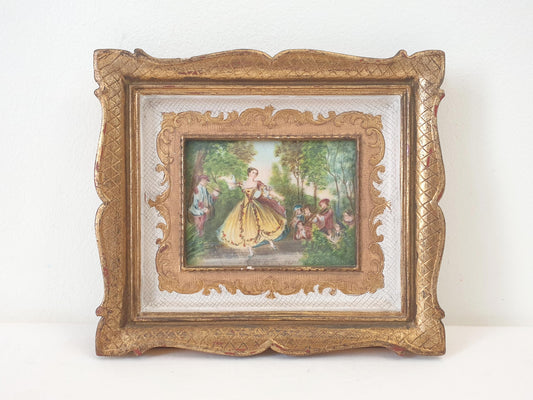 Vintage Hand Painted Miniature “Mademoiselle de Camargo” After Nicolas Lancret in Gilded Wood Frame
