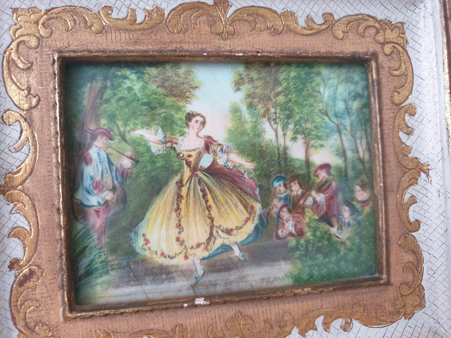 Vintage Hand Painted Miniature “Mademoiselle de Camargo” After Nicolas Lancret in Gilded Wood Frame