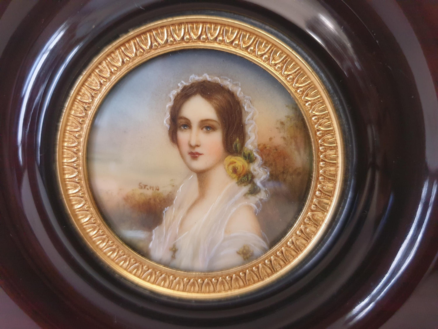 Vintage Hand Painted Miniature Portrait of a Beautiful Young Woman